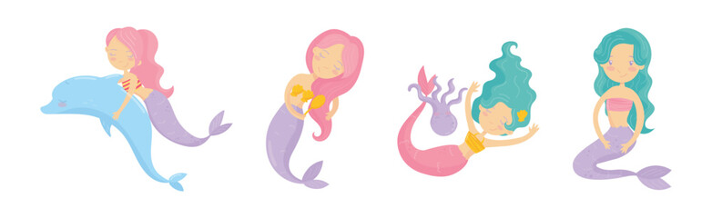 Cute Mermaid Floating Underwater with Wavy Hair Vector Set