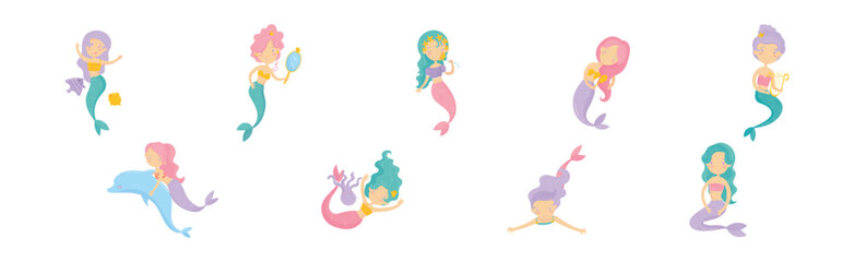 Cute Mermaid Floating Underwater with Wavy Hair Vector Set