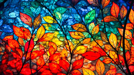 Fototapeta na wymiar Colorful stained glass artwork with colorful leaves