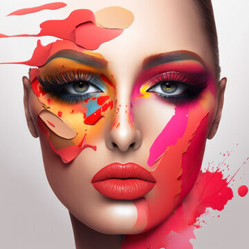 Abstract Beauty and Makeup Concept. Generative AI. High Fashion Model with Colorful Make-up