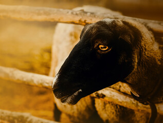 Portrait of a cute dark fluffy sheep standing in a wooden paddock on a farm. Agriculture and...