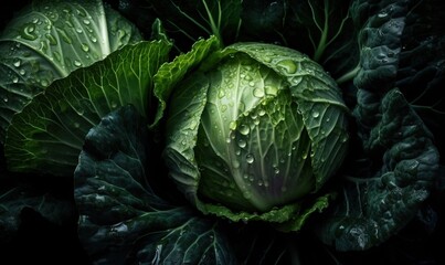 Fototapeta premium a head of cabbage with water droplets on it's leaves. generative ai