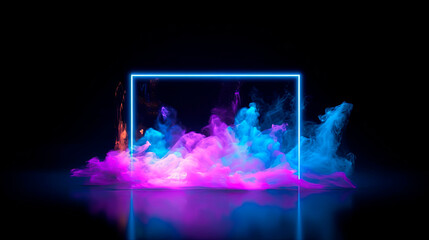  Abstract background with neon lights, empty frame, cosmic landscape glowing lines with smoke on black background.