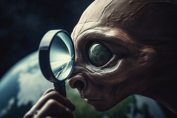 Alien looking at earth through magnifying glass. Generative AI.
