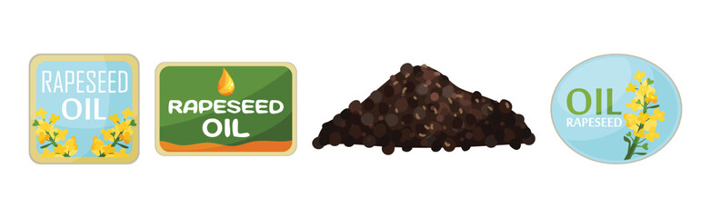 Vegetarian Rapeseed Oil Label and Seeds Vector Set