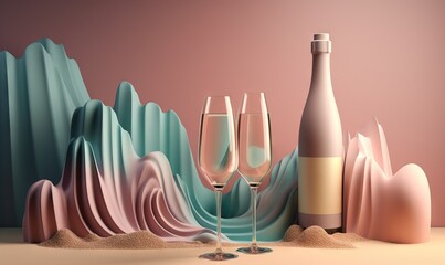  a bottle of wine and two glasses of wine on a table.  generative ai