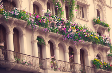 Balcony with flower arrangements on background of metropolitan. Loggia decorated with flowers. Generative AI.