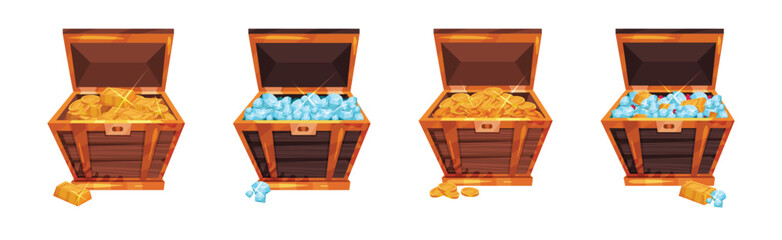 Pile of Golden Coins, Ingots and Gemstones in Wooden Chest Vector Set