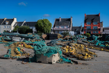 Dragnets And Fishery Equipment At The Harbor Of Finistere City Guilvinec At The Coast Of Atlantic...