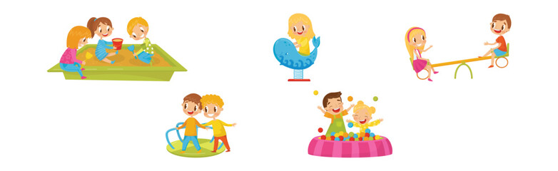 Energetic Boy and Girl Playing in Playground Vector Set