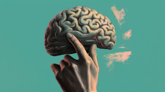 Hand grabbing a human brain, brain full of ideas. Generative AI