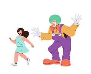 Cute little girl child cartoon character afraid of clown at kids party isolated on white background