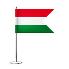 Realistic Hungarian table flag on a chrome steel pole. Souvenir from Hungary. Desk flag made of paper or fabric and shiny metal stand. Mockup for promotion and advertising. Vector illustration