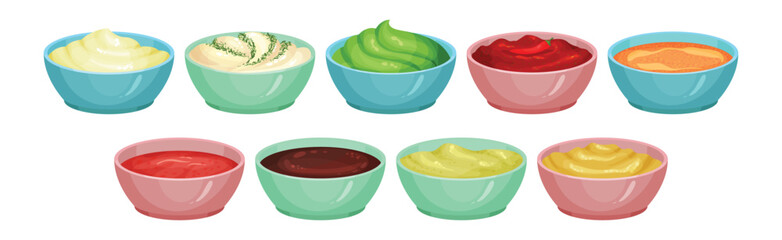 Different Sauces as Liquid or Cream Food Served in Bowls Vector Set