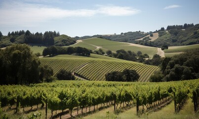  a vineyard in the middle of a lush green field with trees.  generative ai