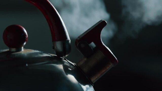 Kettle boiling on a gas stove close-up