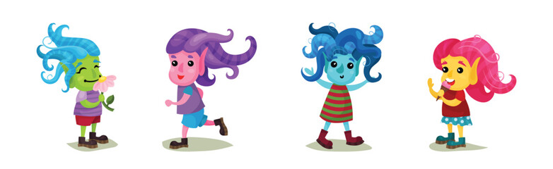 Cute Troll Characters with Different Skin and Hair Color Vector Set