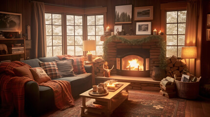 Cozy Living Room Interior with Mockup Frame Poster, Modern interior design, 3D render, 3D illustration