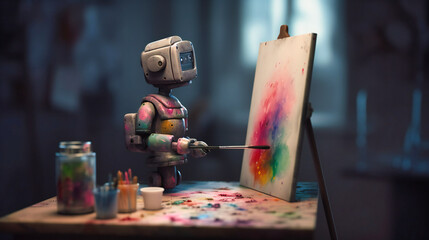 A robot paints near a easel with color paint