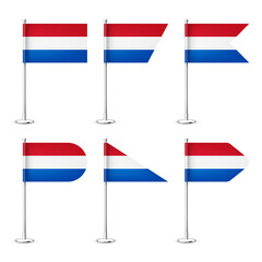 Realistic various Dutch table flags on a chrome steel pole. Souvenir from Netherlands. Desk flag made of paper or fabric, shiny metal stand. Mockup for promotion and advertising. Vector illustration