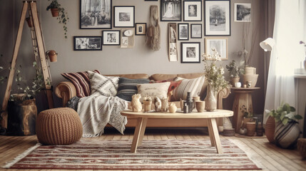 Cozy Living Room Interior with Mockup Frame Poster, Modern interior design, 3D render, 3D illustration