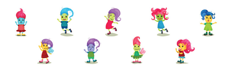 Cute Troll Characters with Different Skin and Hair Color Vector Set