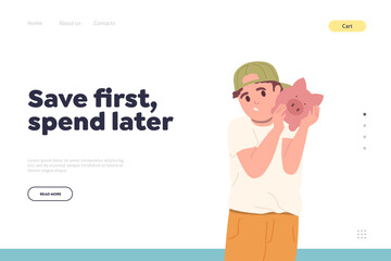 Safe first save later concept for financial online service landing page with child holding piggy bank