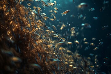 Fototapeta na wymiar Schools of tiny fish swarm around you like glittering jewels as you explore an underwater cliff