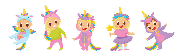 Baby Child Wearing Unicorn Costume and Smiling Vector Set