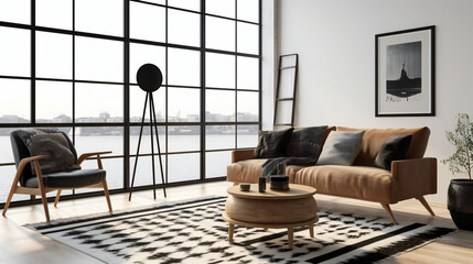 Minimalist Living Room Interior with Mockup Frame Poster, Modern interior design, 3D render, 3D illustration