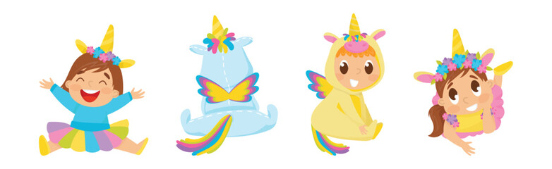 Baby Child Wearing Unicorn Costume and Smiling Vector Set