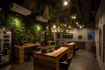 An inspiring image of a sustainable, eco-friendly hair salon that prioritizes environmental responsibility and green practices (Generative AI)