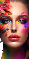 Beauty Makeup. Beautiful model with creative colorful makeup and flower petals. Generative AI. Vertical cosmetics banner.
