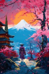 Fototapeta na wymiar Samurai and Mount Fuji with cherry blossom trees and red temple.