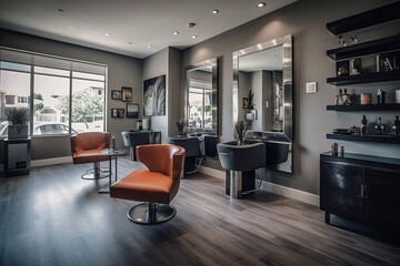 Fototapeta premium An inviting image of a modern, creative hair salon interior, featuring sleek styling stations with large mirrors, comfortable chairs, and ample natural light (Generative AI)