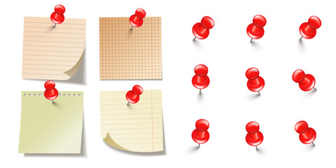 Realistic blank sticky notes isolated on white background. Brown sheets of note paper with red push pins. Paper reminder and plastic pushpin with needle. Board tacks. Vector illustration