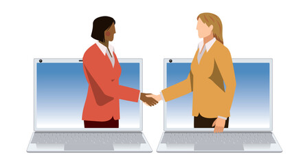 ビジネスのオンラインの商談のイメージのイラスト。パソコンの画面で握手する女性ビジネスマン