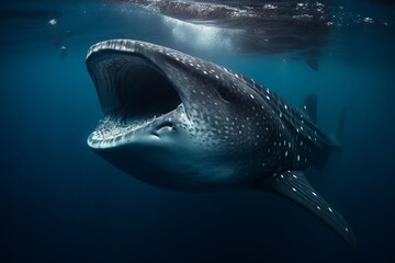 An enormous whale shark swims by gracefully, its mouth agape as it filters plankton from the water around you
