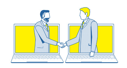 ビジネスのオンラインの商談のイメージのシンプルな2色のイラスト。パソコンの画面で握手するビジネスマン