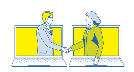 ビジネスのオンラインの商談のイメージのシンプルな2色のイラスト。パソコンの画面で握手するビジネスマン