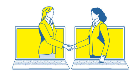 ビジネスのオンラインの商談のイメージのシンプルな2色のイラスト。パソコンの画面で握手するビジネスマン