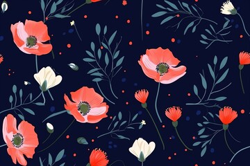poppies flowers with leaves seamless pattern background