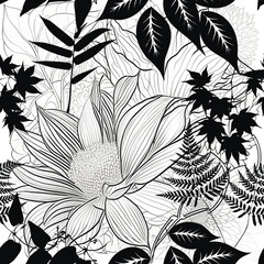 Black and white lines floral seamless pattern. Beautiful tropical flowers vector background. Repeat backdrop. Doodle lines flowers, leaves. branches silhouettes. line art sketch flowers ornament