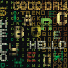 Halftone squares modern colorful seamless pattern with hello good day words, half tone letters. Trendy lettering background. Repeat matrix style digital backdrop. Trendy design. Endless texture