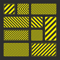 Various yellow warning signs with diagonal lines. Attention, danger or caution sign, construction site signage. Realistic notice signboard, warning banner, road shield. Vector illustration