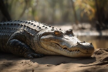 Obraz premium Photograph a crocodile basking in the sun on the riverbank