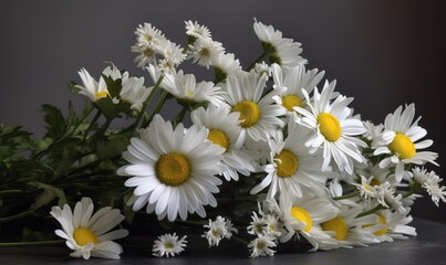  a bunch of white and yellow daisies on a table.  generative ai