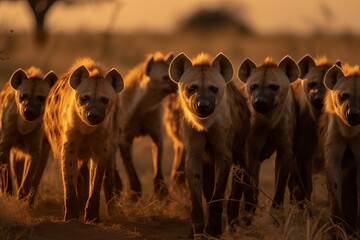 Observe a pack of hyenas scavenging for food in the early morning light - obrazy, fototapety, plakaty