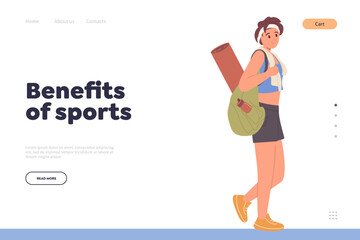 Benefits of sport landing page template with sportive woman with fitness equipment walking to gym