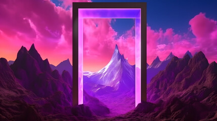 An open door leading to a mountain landscape